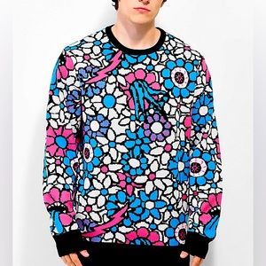 Psychedelic floral sweater A-LAB Crewbie Blue & Pink Sweater w/images of flowers